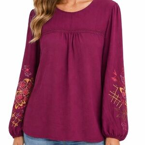 NWT Figueroa & Flower Embroidered Floral Sleeves Peasant Blouse Boho Top S